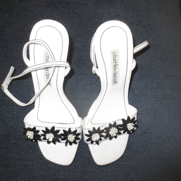 CHARLES DAVID White and Black Decorated High Heel Ankle Strap Sandals - Picture 8 of 9